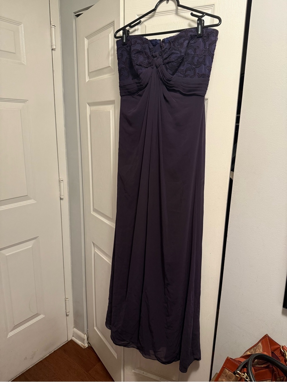 Tadashi Shoji Strapless Embroidered Bodice Gown in Plum
